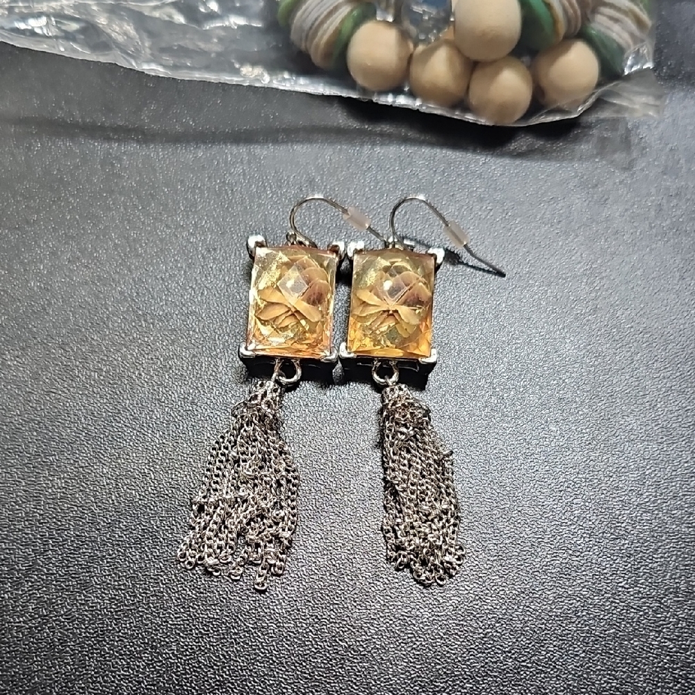 Elegant Gold-Tone Amber Crystal Tassel Drop Earrings - Women Jewelry
